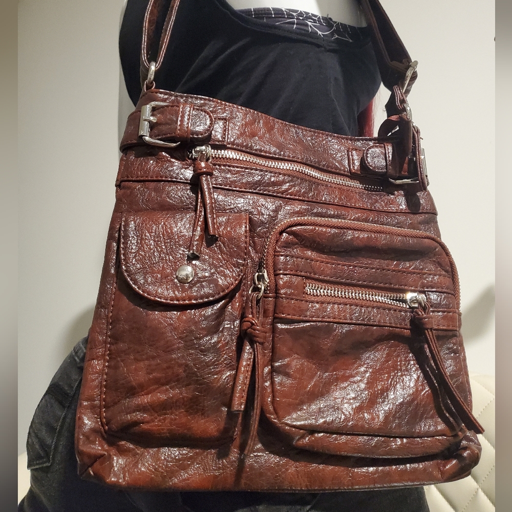 Soft Leather Brown Purse with Tassels, Adjustable Straps & Multiple Pockets